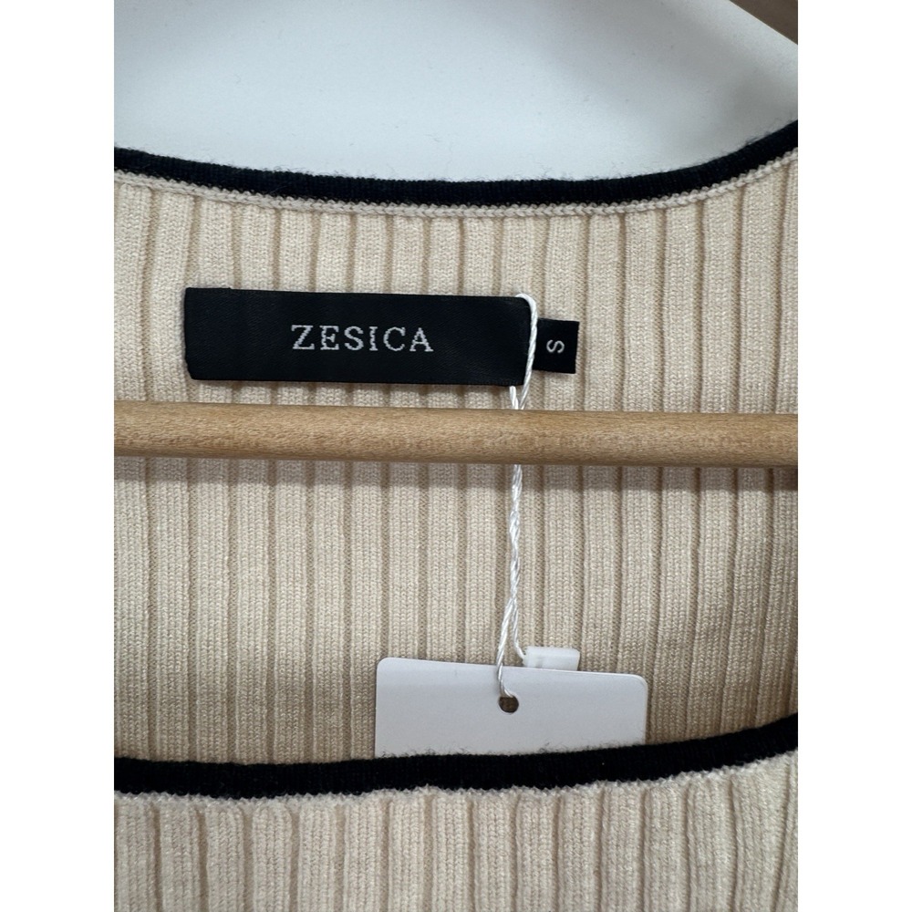 Y2K Womens Small Top Tan Ribbed Knit Slim 90s Fit Square Neck Black Trim Layers - Picture 3 of 7